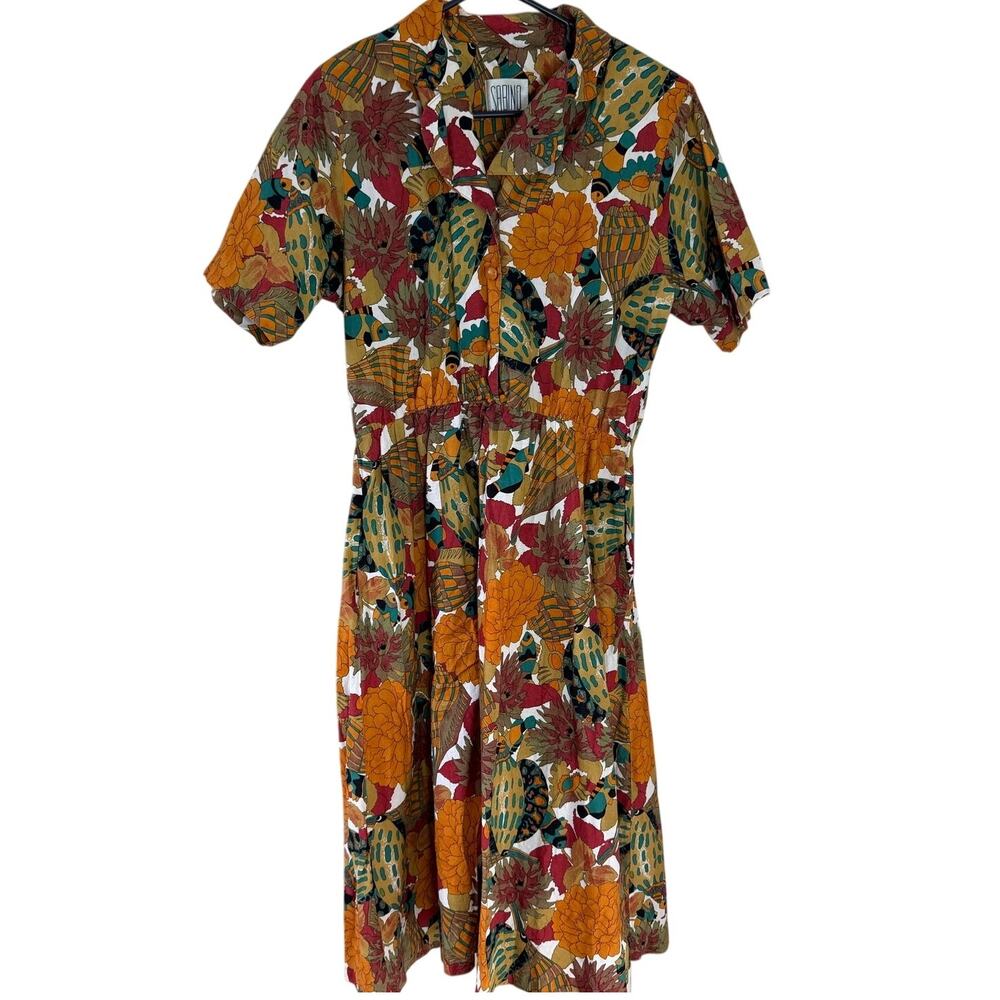 Vintage Women's Sabino Tropical Fish Print Brown‎ Button Front Pockets Sz 16
